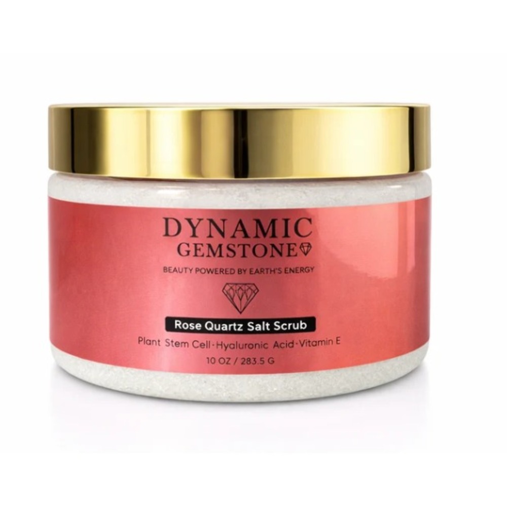 Dynamic Gemstone Rose Quartz Salt Scrub New Pink Jar Gold Lid Body Care Smooth